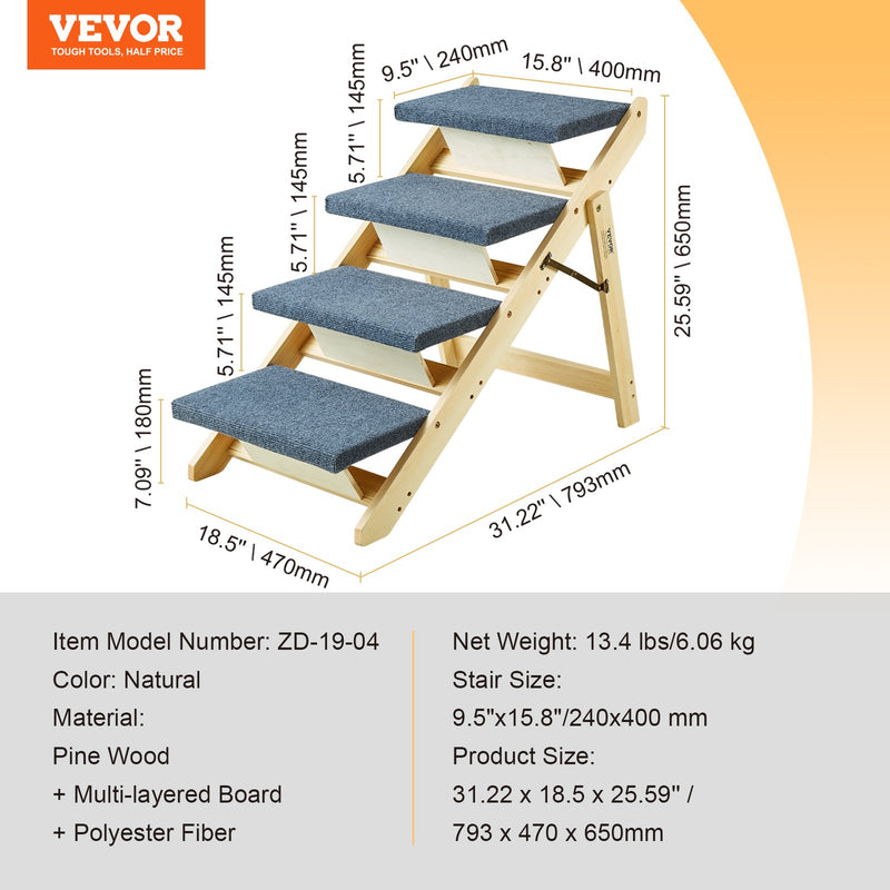 VEVOR Koka mājdzīvnieku kāpnes/pakāpieni ar 4 pakāpieniem, 2-in-1 salokāmas suņu kāpnes, līdz 68 kg