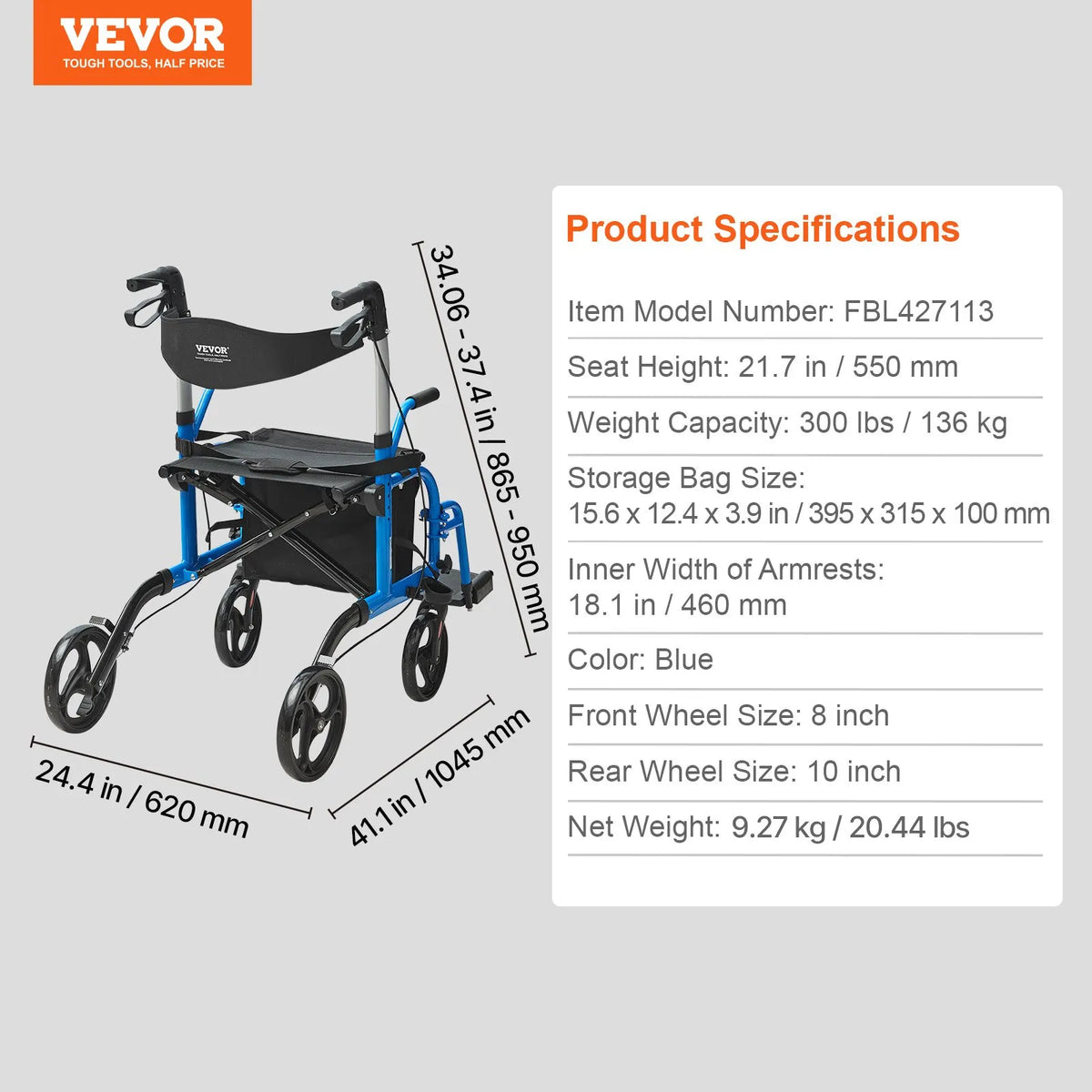 VEVOR 2 - vienā rollators un transportēšanas krēsls senioriem ar salokāmu konstrukciju, kāju balstiem, regulējamu rokturi, vieglu alumīnija rāmi, visurgājēja riteņiem, līdz 136 kg slodzei - ZEMLETES.LV