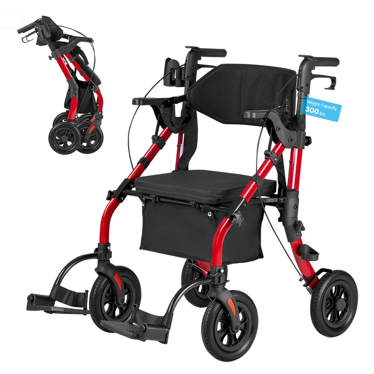 VEVOR 2 vienā rollators un transporta krēsls senioriem, salokāms alumīnija staigāšanas palīglīdzeklis ar PU riteņiem, krūzes un spieķa turētāju, kravnesība 136 kg - ZEMLETES.LV