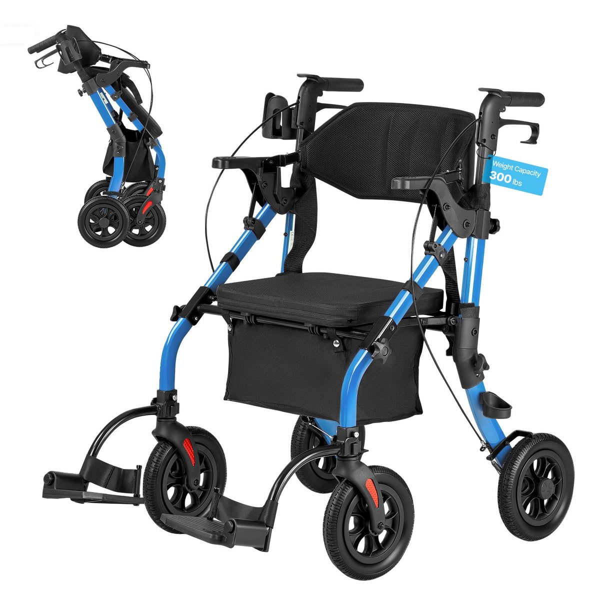 VEVOR 2 vienā rollators un transporta krēsls senioriem, salokāms alumīnija staigāšanas palīglīdzeklis ar PU riteņiem, krūzes un spieķa turētāju, kravnesība 136 kg - ZEMLETES.LV