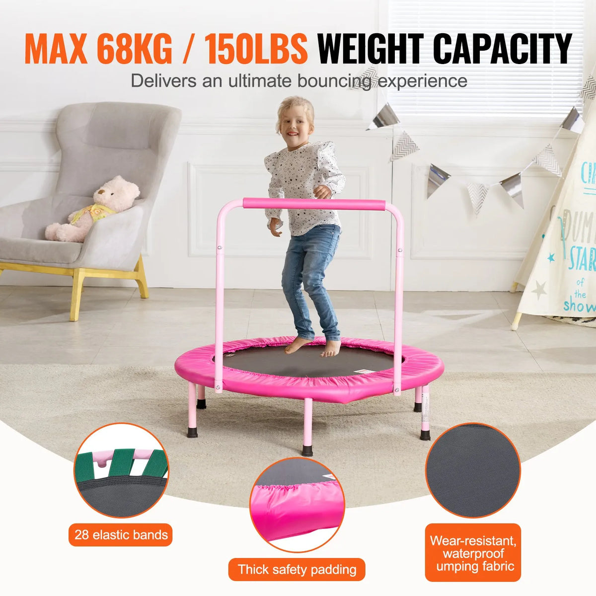 VEVOR salokāms bērnu mini batuts ar rokturi, 91 cm, vienam lēcējam