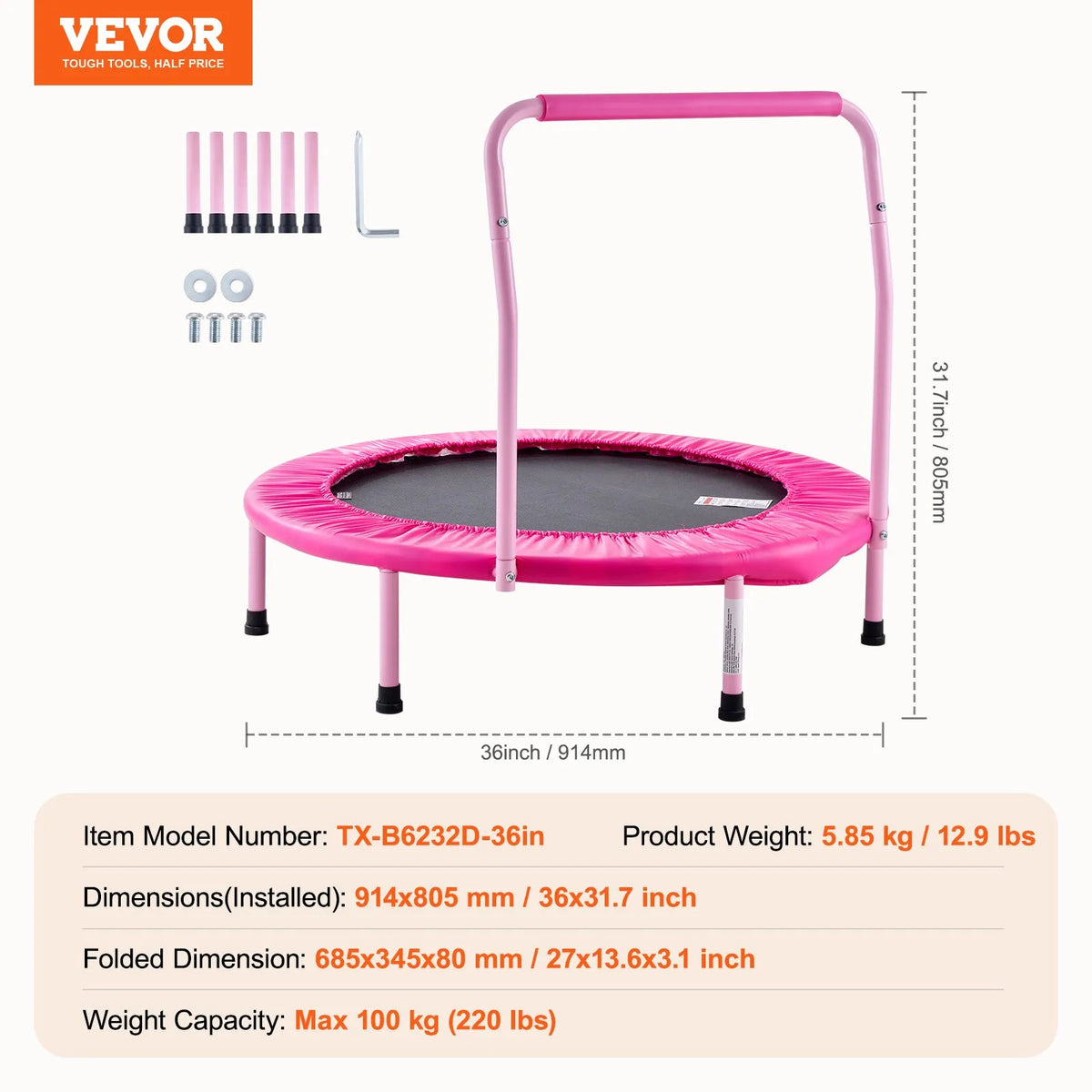 VEVOR salokāms bērnu mini batuts ar rokturi, 91 cm, vienam lēcējam