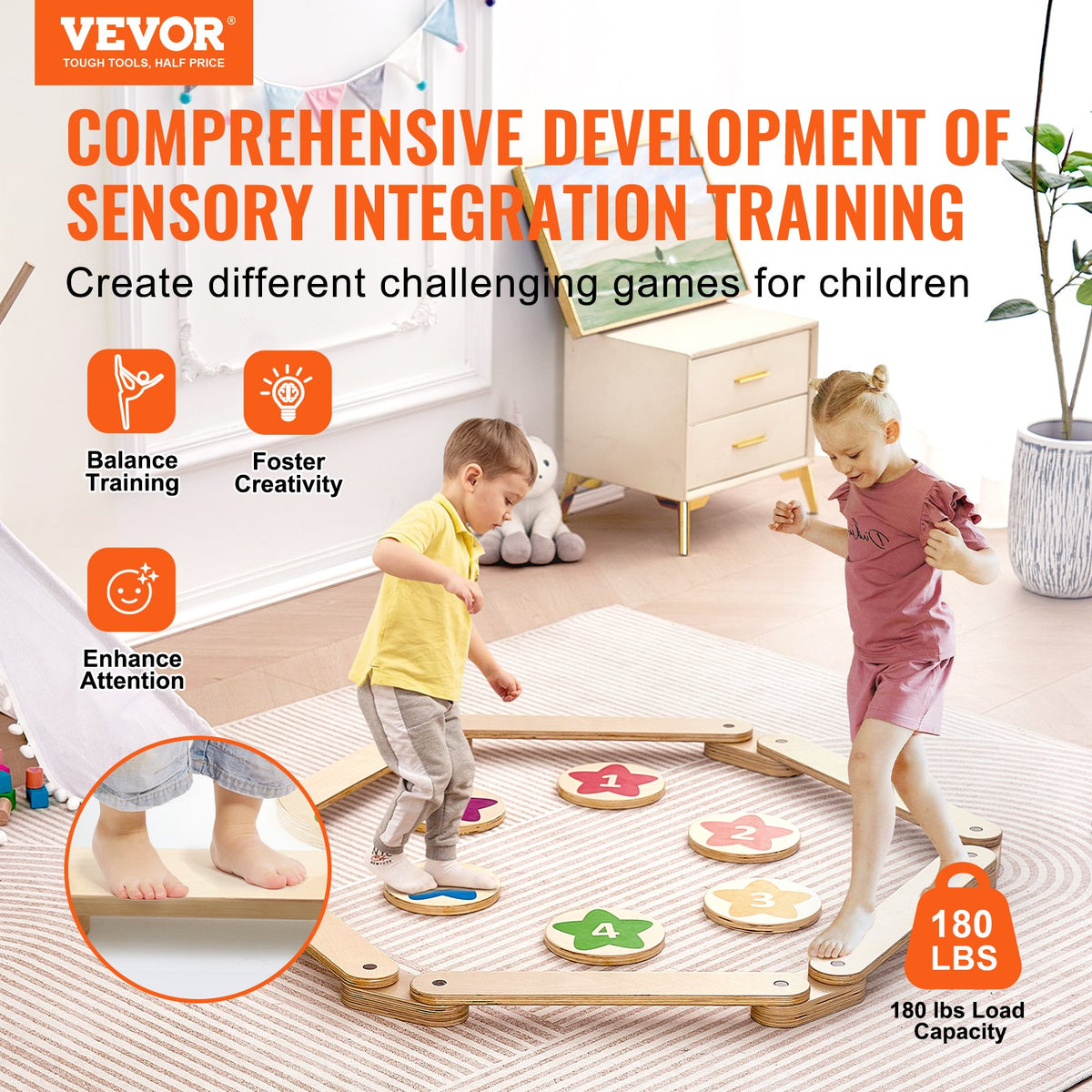 VEVOR Montessori laste tasakaalupind ja astumiskivid, 6 tk