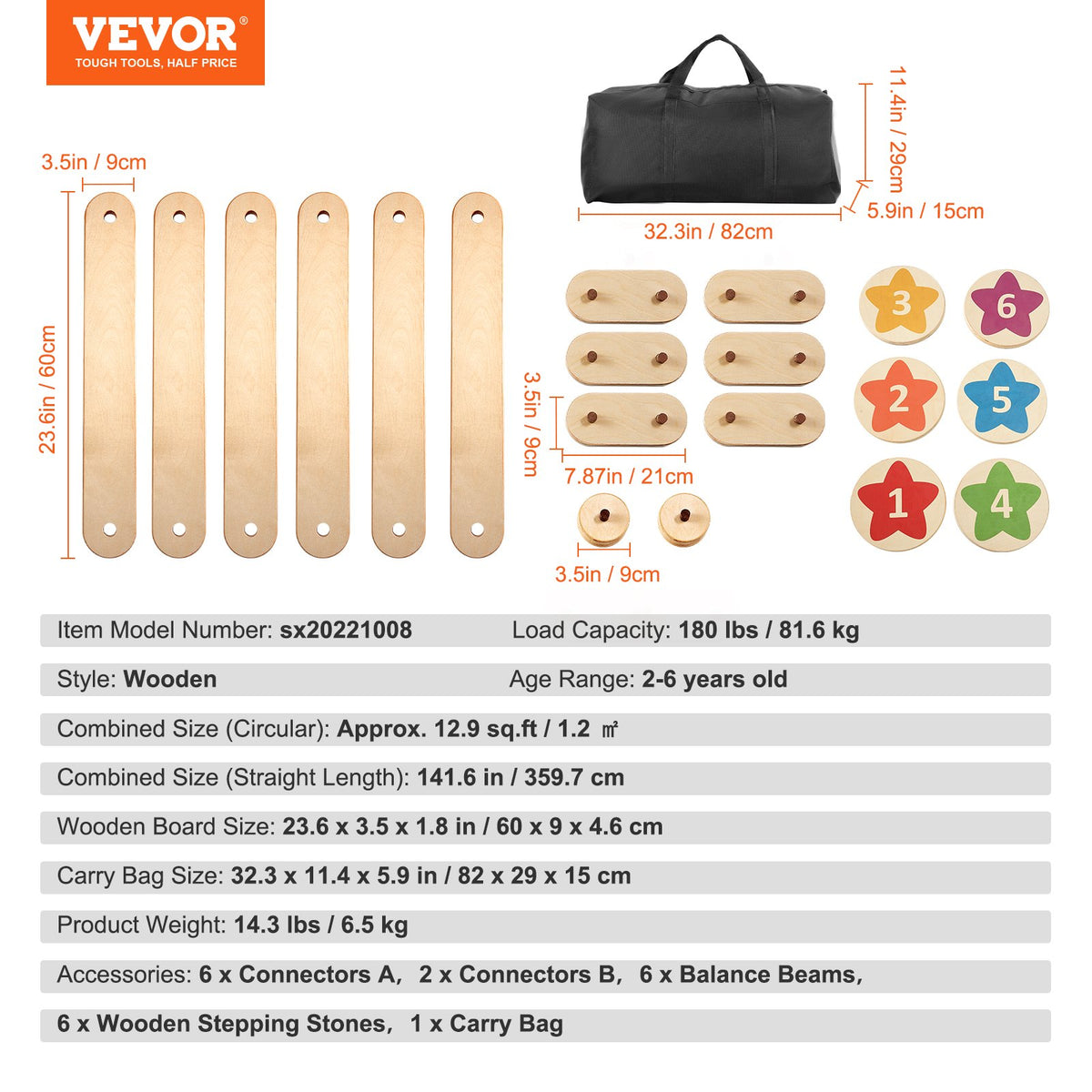 VEVOR Montessori laste tasakaalupind ja astumiskivid, 6 tk