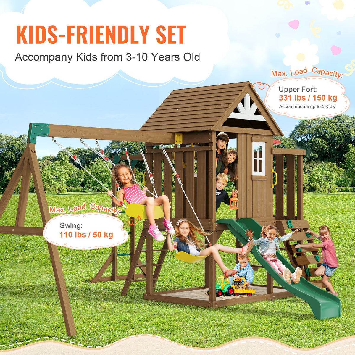 VEVOR 10-in-1 Wooden Swing Set with 1.8 m Slide and Tower, Outdoor Playground
