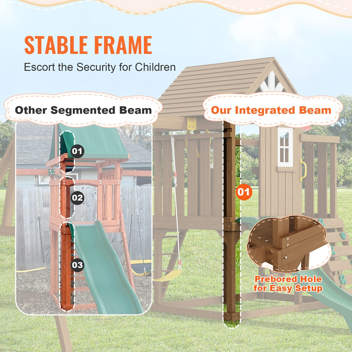 VEVOR 10-in-1 Wooden Swing Set with 1.8 m Slide and Tower, Outdoor Playground