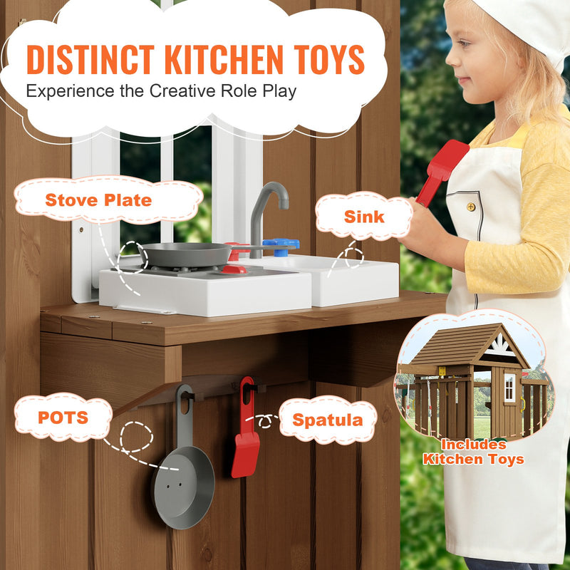 VEVOR Koka Šūpošanās Komplekts 10 IN 1, Āra Spēļu Komplekts ar 1,8 m Slīdkalniņu un Augšējo Cietoksni