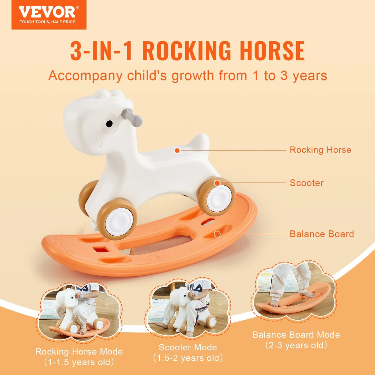 VEVOR 3 in 1 Rocking Horse for Children 1–3 Years with Balance Board and Wheels, up to 36 kg, Red