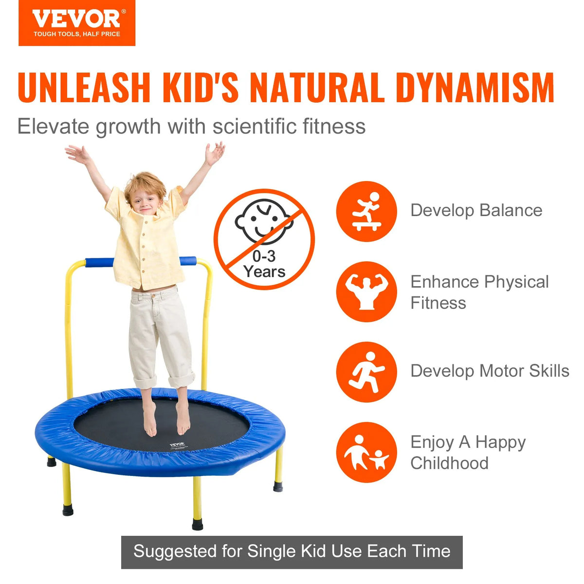 VEVOR Foldable Kids Trampoline with Foam Handle, 91.4 cm, Indoor and Outdoor