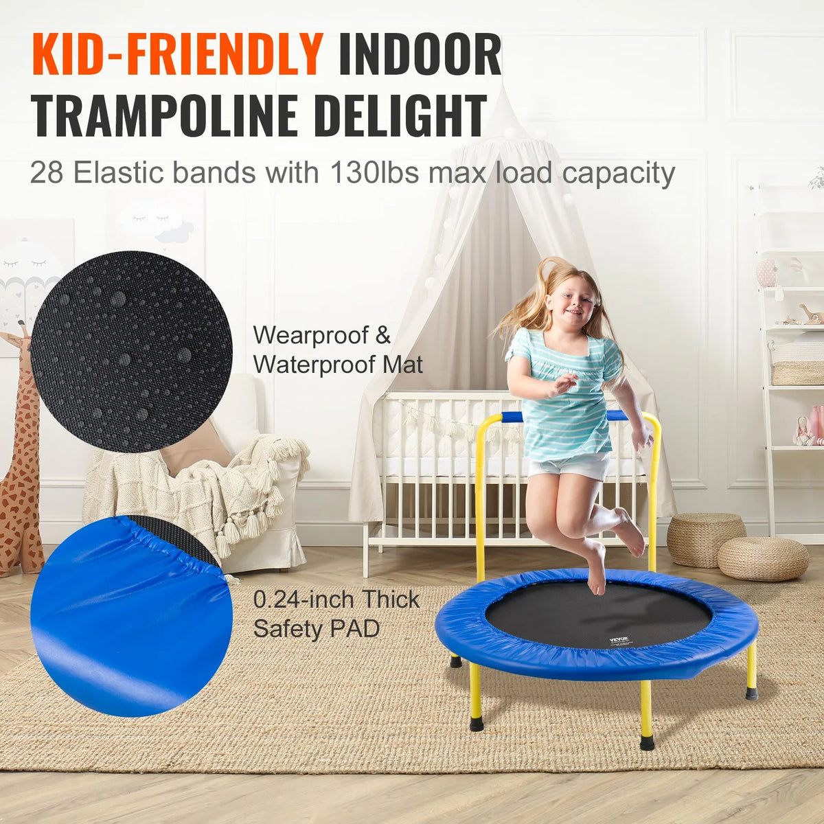 VEVOR Foldable Kids Trampoline with Foam Handle, 91.4 cm, Indoor and Outdoor