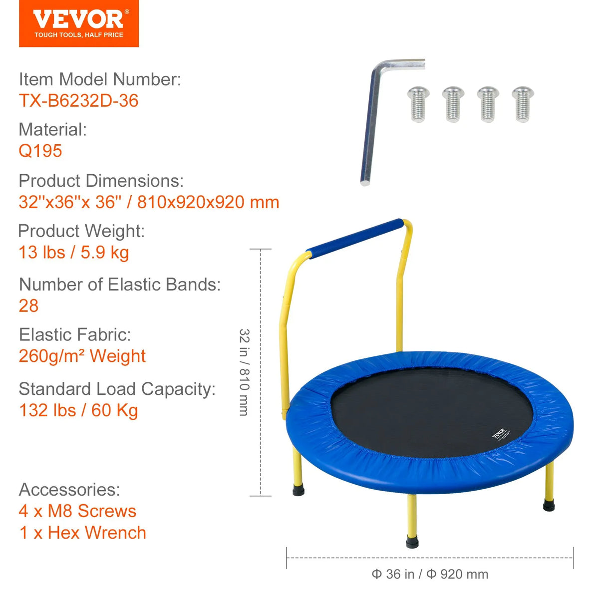 VEVOR Foldable Kids Trampoline with Foam Handle, 91.4 cm, Indoor and Outdoor