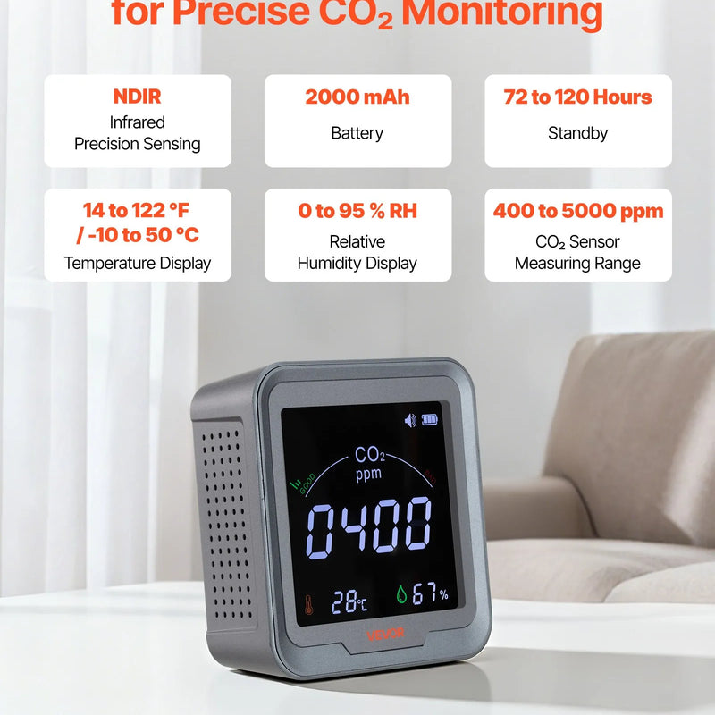 VEVOR oglekļa dioksīda (CO₂) monitors ar temperatūras un mitruma displeju, CO₂ kontrolieris ar 4,57 m NDIR sensora kabeli, pārnēsājams CO₂ sensors lietošanai pie gultas, mājās, birojā un automašīnā