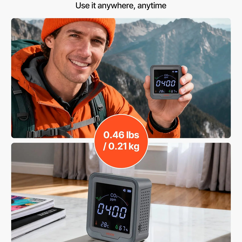 VEVOR oglekļa dioksīda (CO₂) monitors ar temperatūras un mitruma displeju, CO₂ kontrolieris ar 4,57 m NDIR sensora kabeli, pārnēsājams CO₂ sensors lietošanai pie gultas, mājās, birojā un automašīnā