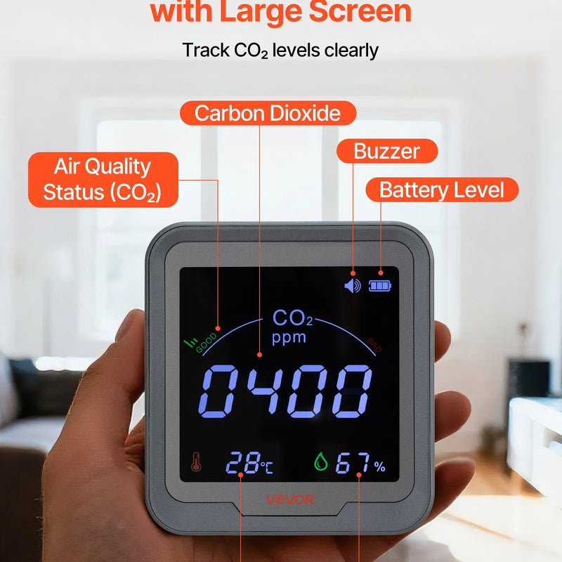 VEVOR oglekļa dioksīda (CO₂) monitors ar temperatūras un mitruma displeju, CO₂ kontrolieris ar 4,57 m NDIR sensora kabeli, pārnēsājams CO₂ sensors lietošanai pie gultas, mājās, birojā un automašīnā