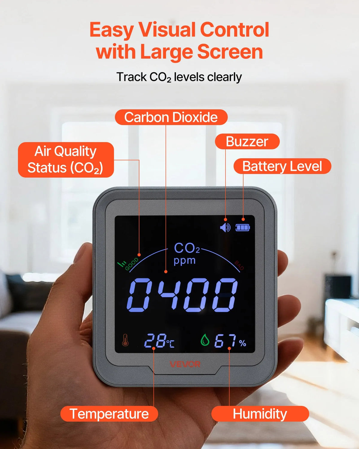 VEVOR Carbon Dioxide (CO₂) Monitor with Temperature and Humidity Display, CO₂ Controller with 4.57 m NDIR Sensor Cable, Portable CO₂ Sensor for Bedroom, Home, Office and Car