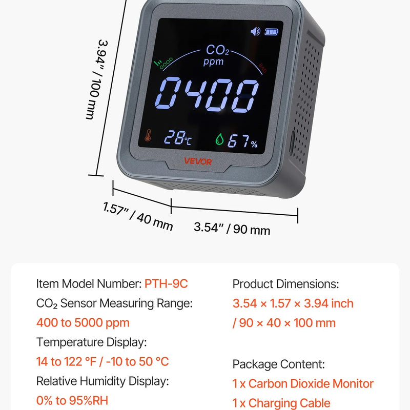 VEVOR oglekļa dioksīda (CO₂) monitors ar temperatūras un mitruma displeju, CO₂ kontrolieris ar 4,57 m NDIR sensora kabeli, pārnēsājams CO₂ sensors lietošanai pie gultas, mājās, birojā un automašīnā