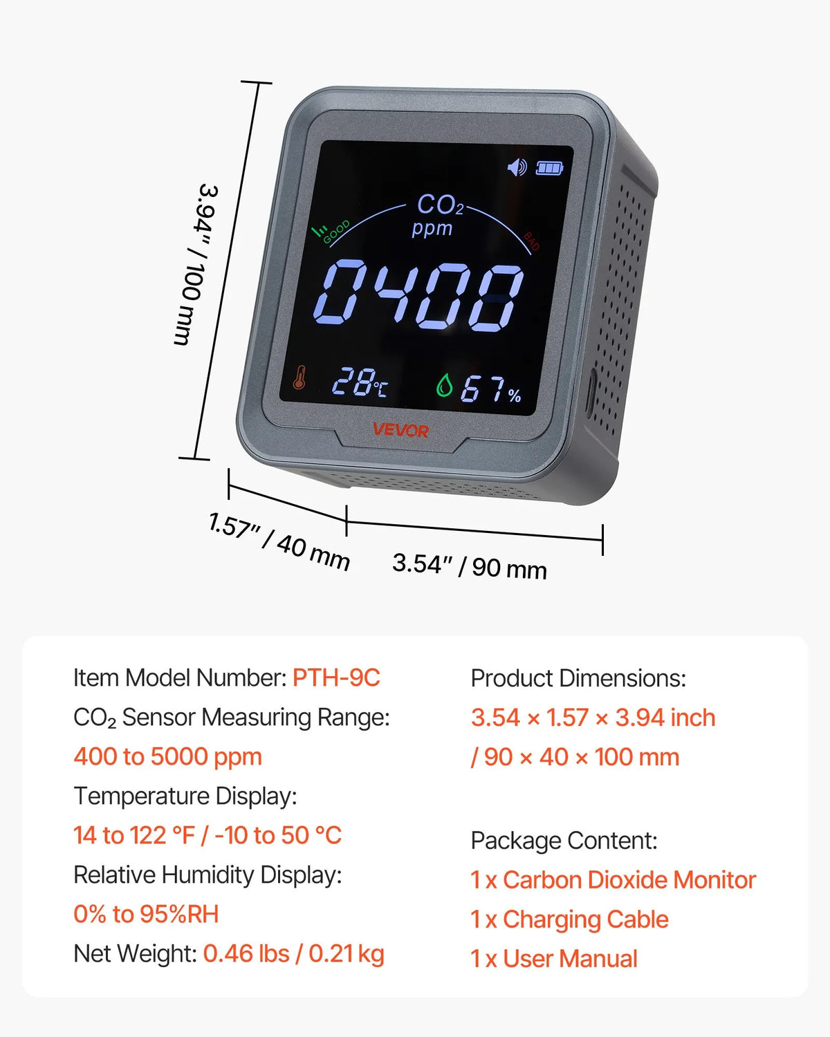 VEVOR Carbon Dioxide (CO₂) Monitor with Temperature and Humidity Display, CO₂ Controller with 4.57 m NDIR Sensor Cable, Portable CO₂ Sensor for Bedroom, Home, Office and Car