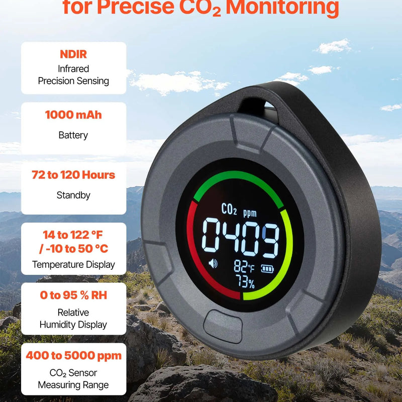 VEVOR oglekļa dioksīda (CO₂) monitors ar temperatūras un mitruma displeju, CO₂ kontrolieris ar 4,57 m NDIR sensora kabeli, pārnēsājams CO₂ sensors lietošanai ārā, mājās, birojā un automašīnā