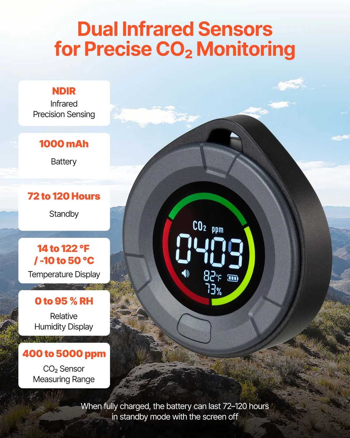 VEVOR Carbon Dioxide (CO₂) Monitor with Temperature and Humidity Display, CO₂ Controller with 4.57 m NDIR Sensor Cable, Portable CO₂ Sensor for Outdoor, Home, Office and Car Use