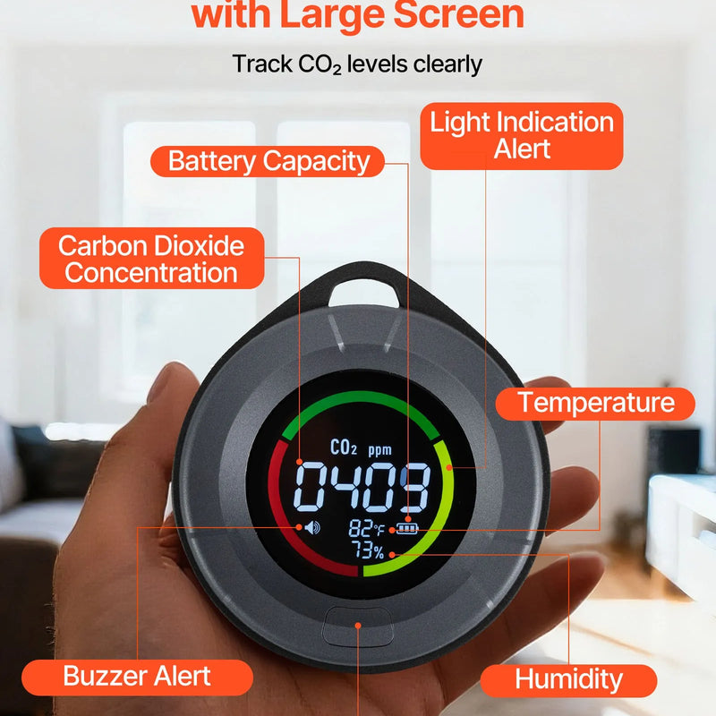 VEVOR oglekļa dioksīda (CO₂) monitors ar temperatūras un mitruma displeju, CO₂ kontrolieris ar 4,57 m NDIR sensora kabeli, pārnēsājams CO₂ sensors lietošanai ārā, mājās, birojā un automašīnā