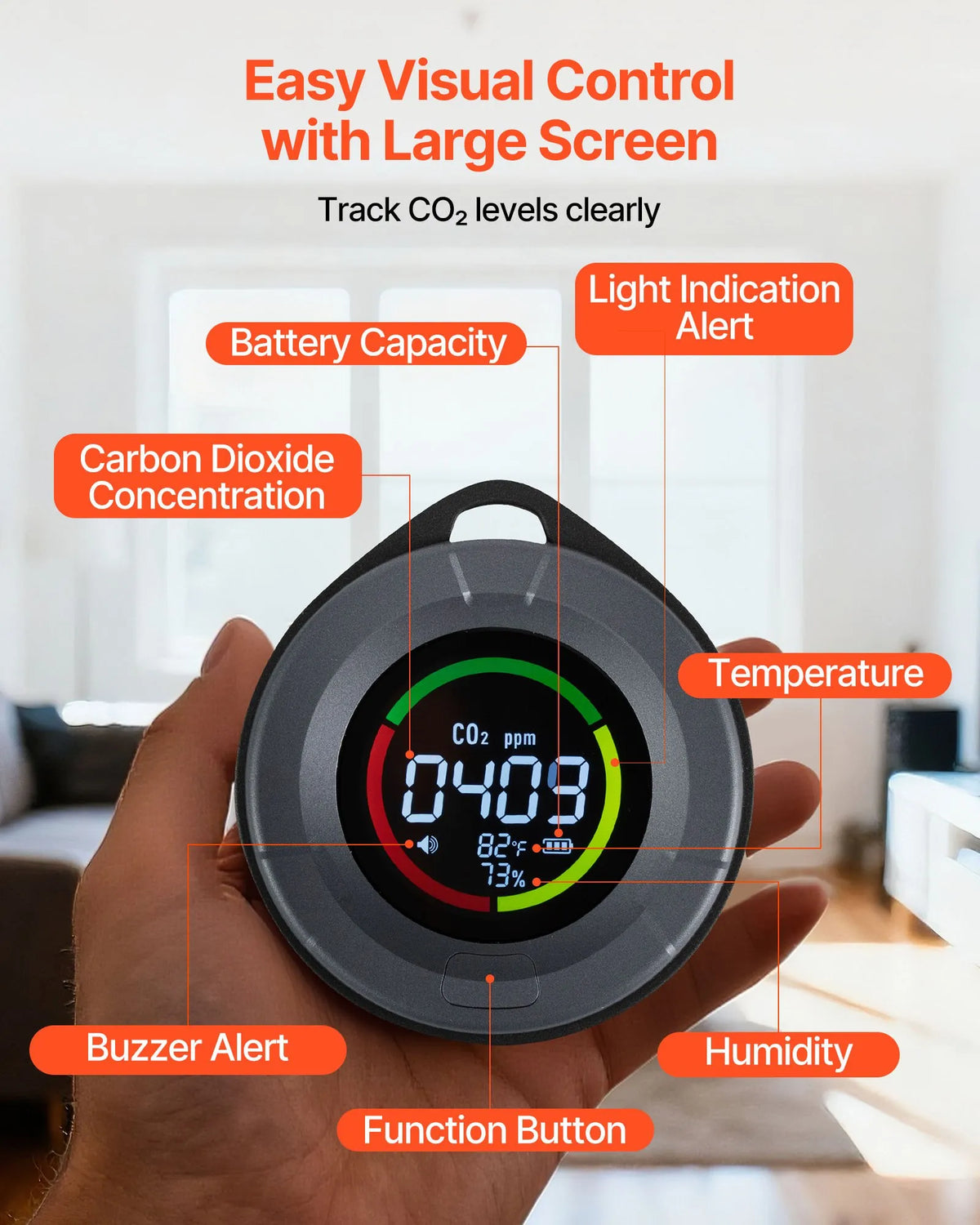 VEVOR Carbon Dioxide (CO₂) Monitor with Temperature and Humidity Display, CO₂ Controller with 4.57 m NDIR Sensor Cable, Portable CO₂ Sensor for Outdoor, Home, Office and Car Use