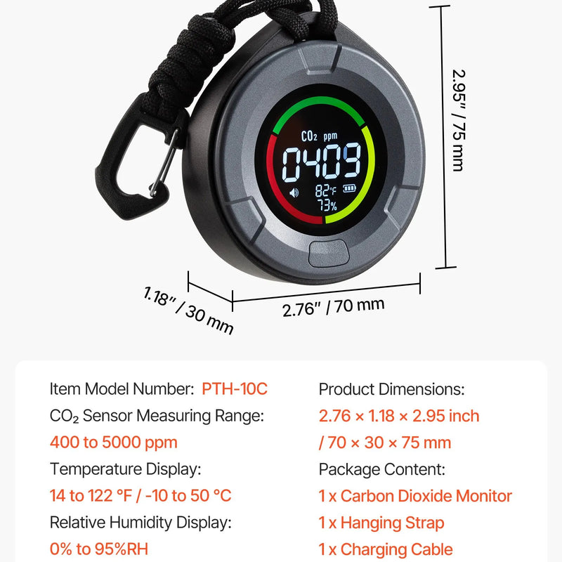VEVOR oglekļa dioksīda (CO₂) monitors ar temperatūras un mitruma displeju, CO₂ kontrolieris ar 4,57 m NDIR sensora kabeli, pārnēsājams CO₂ sensors lietošanai ārā, mājās, birojā un automašīnā
