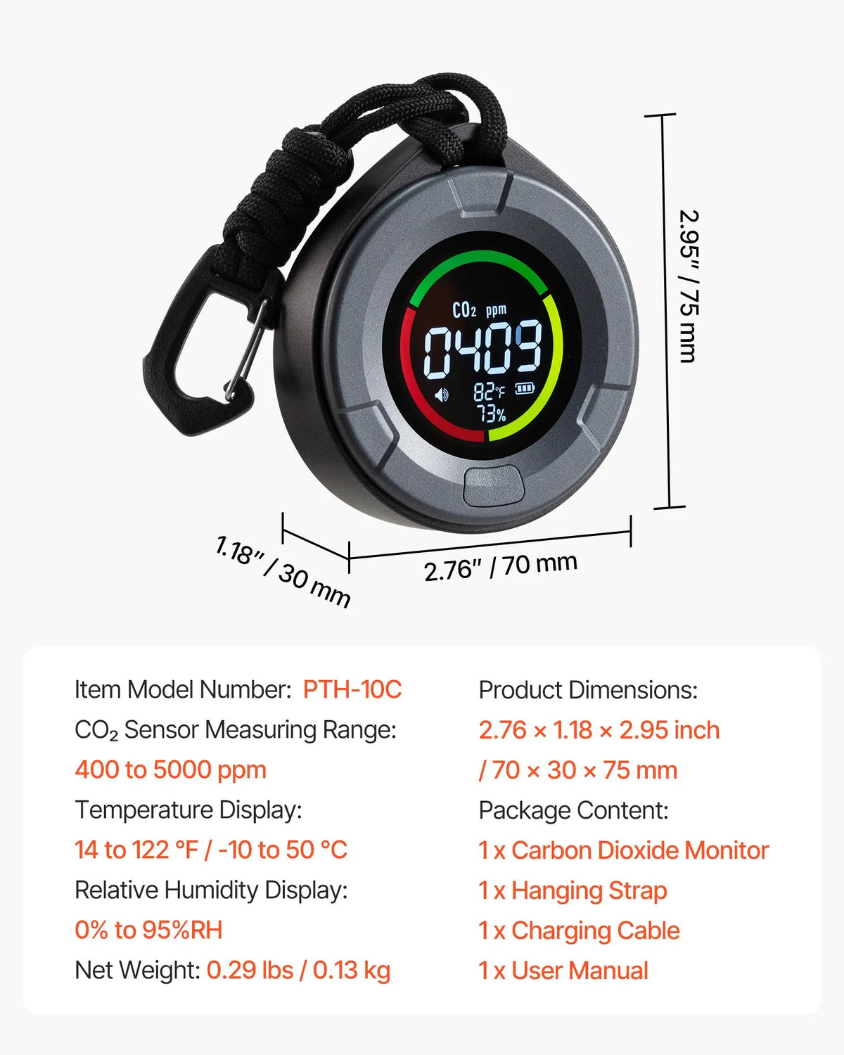 VEVOR Carbon Dioxide (CO₂) Monitor with Temperature and Humidity Display, CO₂ Controller with 4.57 m NDIR Sensor Cable, Portable CO₂ Sensor for Outdoor, Home, Office and Car Use