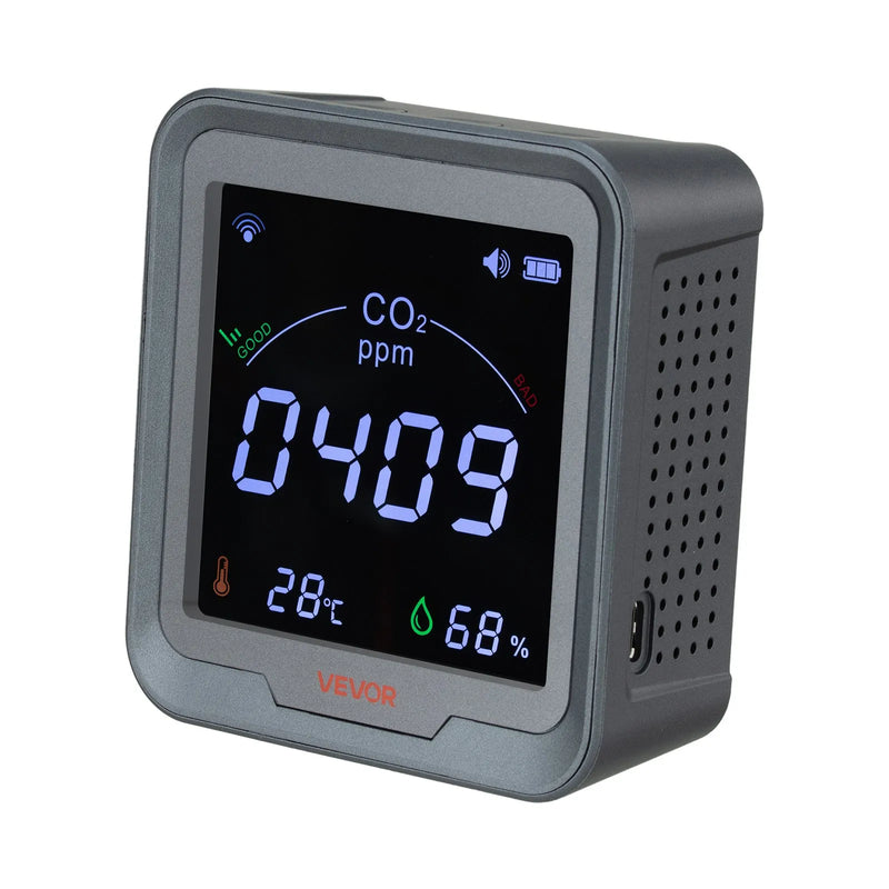 VEVOR oglekļa dioksīda (CO₂) monitors ar temperatūras un mitruma displeju, CO₂ kontrolieris ar 4,57 m NDIR sensora kabeli, CO₂ sensors lietošanai ārā, mājās, birojā, automašīnā un sienas montāžai