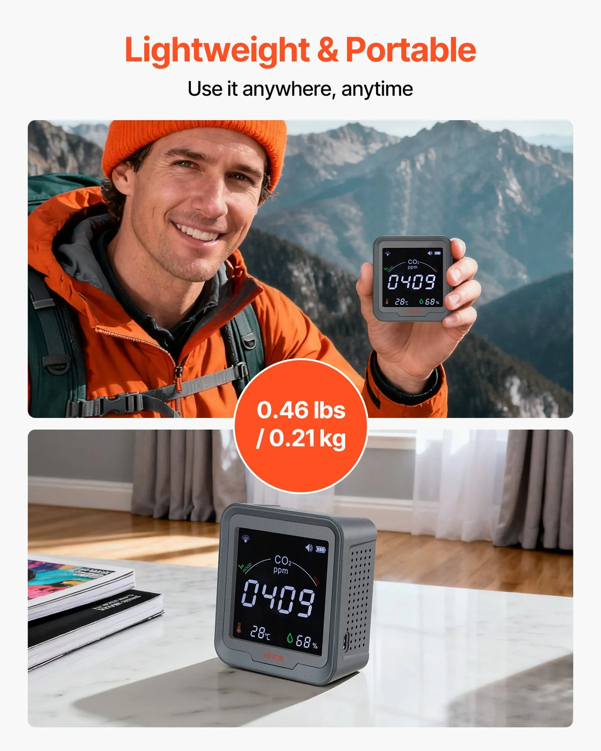 VEVOR Carbon Dioxide (CO₂) Monitor with Temperature and Humidity Display, CO₂ Controller with 4.57 m NDIR Sensor Cable, CO₂ Sensor for Outdoor, Home, Office, Car Use and Wall Mounting