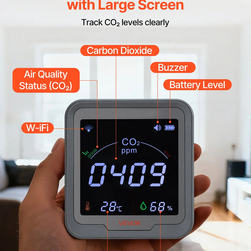 VEVOR oglekļa dioksīda (CO₂) monitors ar temperatūras un mitruma displeju, CO₂ kontrolieris ar 4,57 m NDIR sensora kabeli, CO₂ sensors lietošanai ārā, mājās, birojā, automašīnā un sienas montāžai