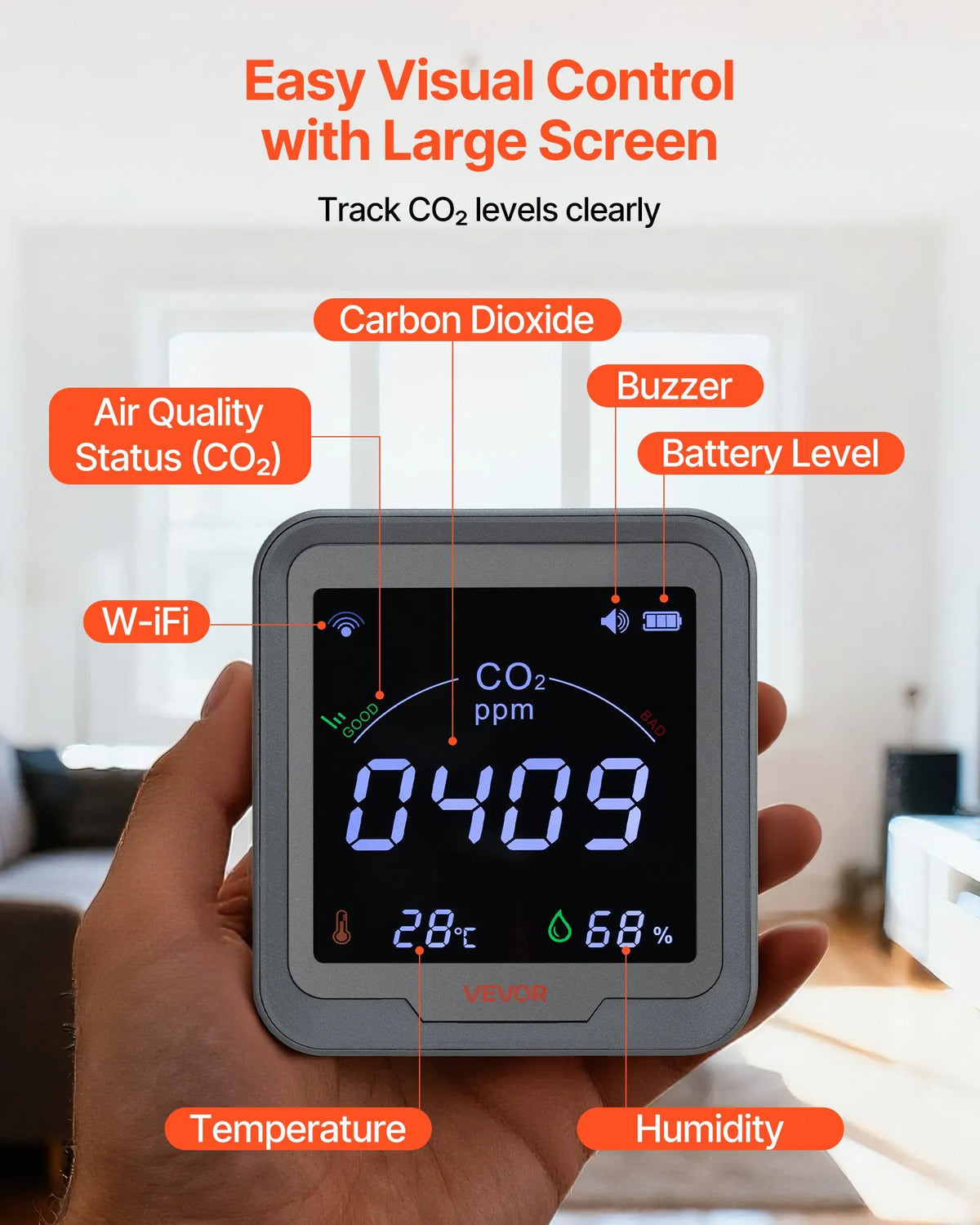 VEVOR Carbon Dioxide (CO₂) Monitor with Temperature and Humidity Display, CO₂ Controller with 4.57 m NDIR Sensor Cable, CO₂ Sensor for Outdoor, Home, Office, Car Use and Wall Mounting