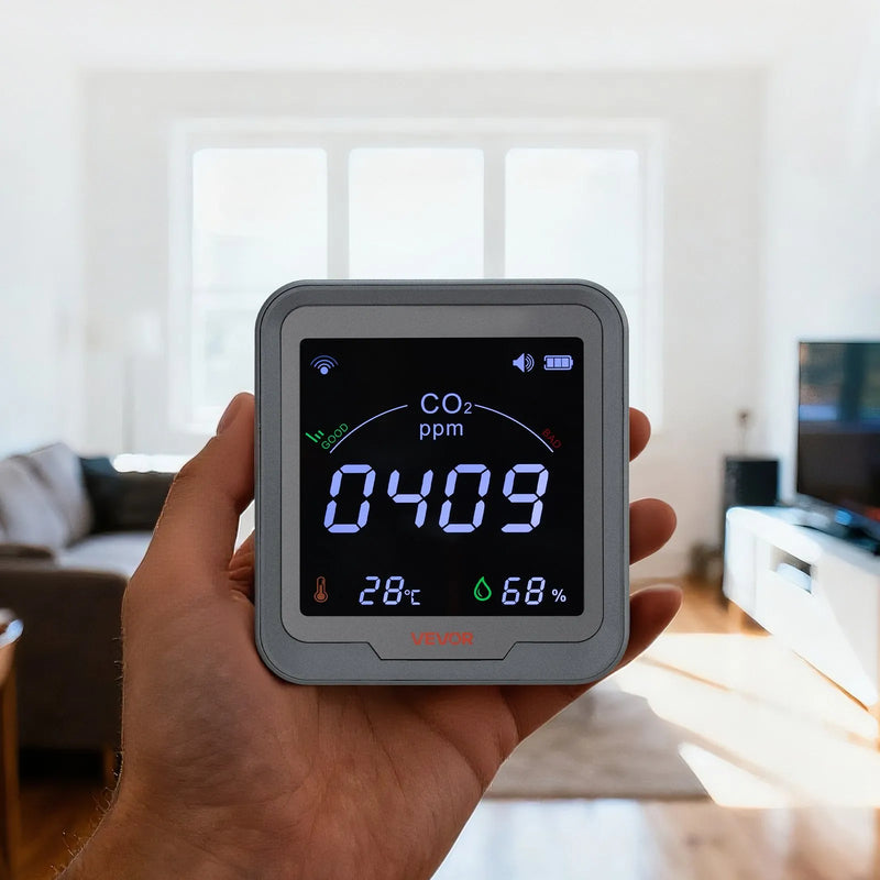 VEVOR oglekļa dioksīda (CO₂) monitors ar temperatūras un mitruma displeju, CO₂ kontrolieris ar 4,57 m NDIR sensora kabeli, CO₂ sensors lietošanai ārā, mājās, birojā, automašīnā un sienas montāžai