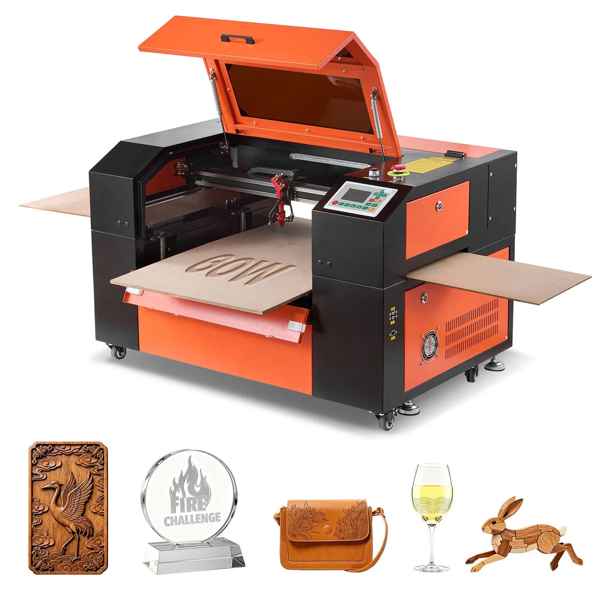 VEVOR 60 W CO₂ lāzera gravēšanas un griešanas iekārta 600 × 400 mm ar 4 virzienu gaisa padevi, LightBurn, CorelDRAW, RDWorks