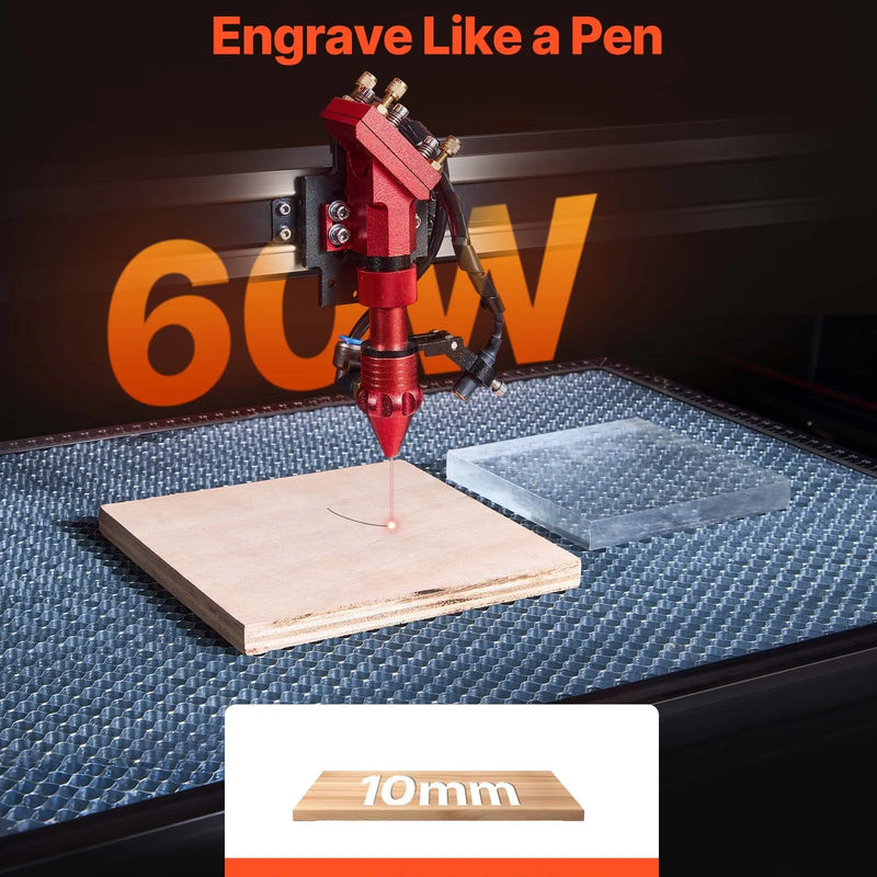 VEVOR 60 W CO₂ lāzera gravēšanas un griešanas iekārta, darba laukums 600 × 400 mm, ar 4 virzienu gaisa asistenci, savietojama ar LightBurn, CorelDRAW un RDWorks, piemērota kokam, akrilam un stiklam