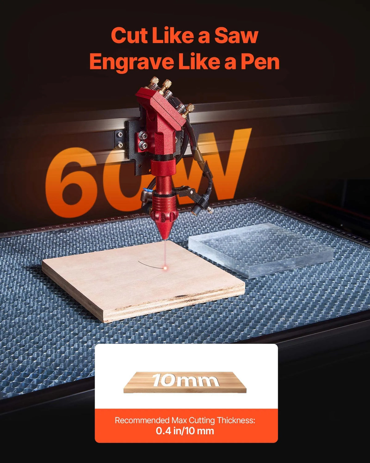 VEVOR 60 W CO₂ lāzera gravēšanas un griešanas iekārta 600 × 400 mm ar 4 virzienu gaisa padevi, LightBurn, CorelDRAW, RDWorks