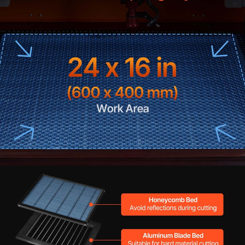 VEVOR 60 W CO₂ lāzera gravēšanas un griešanas iekārta, darba laukums 600 × 400 mm, ar 4 virzienu gaisa asistenci, savietojama ar LightBurn, CorelDRAW un RDWorks, piemērota kokam, akrilam un stiklam