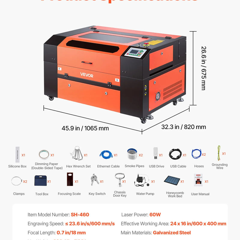 VEVOR 60 W CO₂ lāzera gravēšanas un griešanas iekārta, darba laukums 600 × 400 mm, ar 4 virzienu gaisa asistenci, savietojama ar LightBurn, CorelDRAW un RDWorks, piemērota kokam, akrilam un stiklam