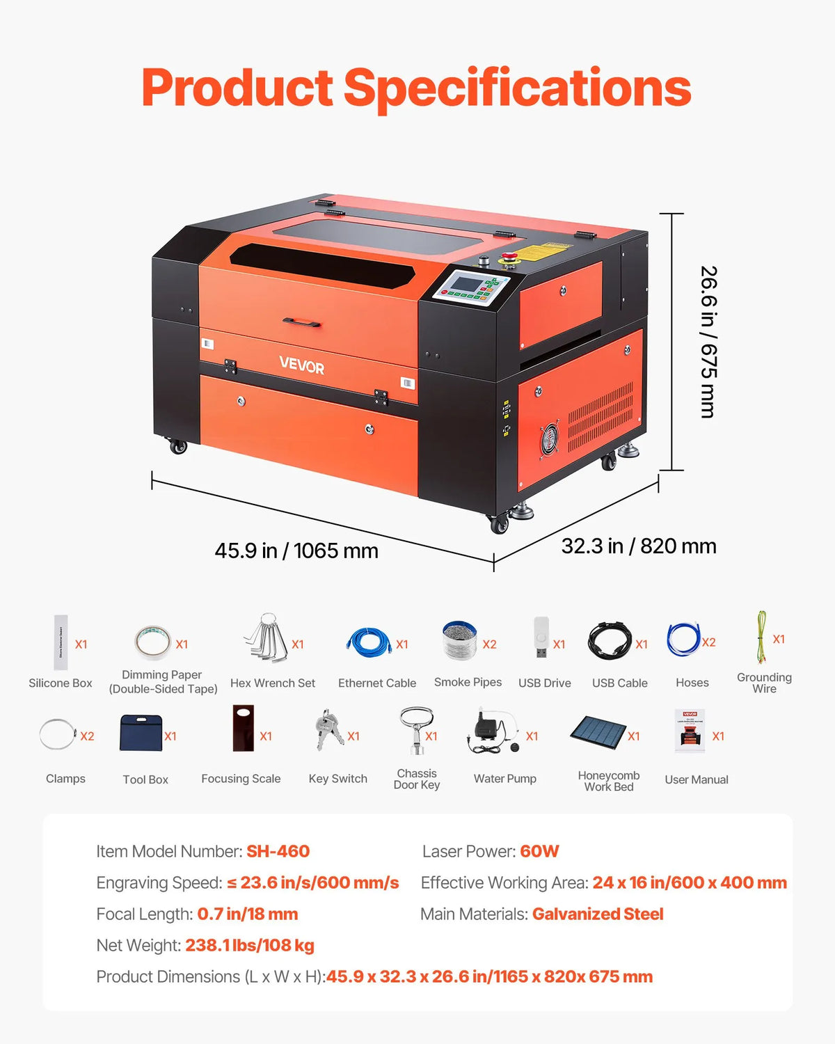 VEVOR 60 W CO₂ lāzera gravēšanas un griešanas iekārta 600 × 400 mm ar 4 virzienu gaisa padevi, LightBurn, CorelDRAW, RDWorks