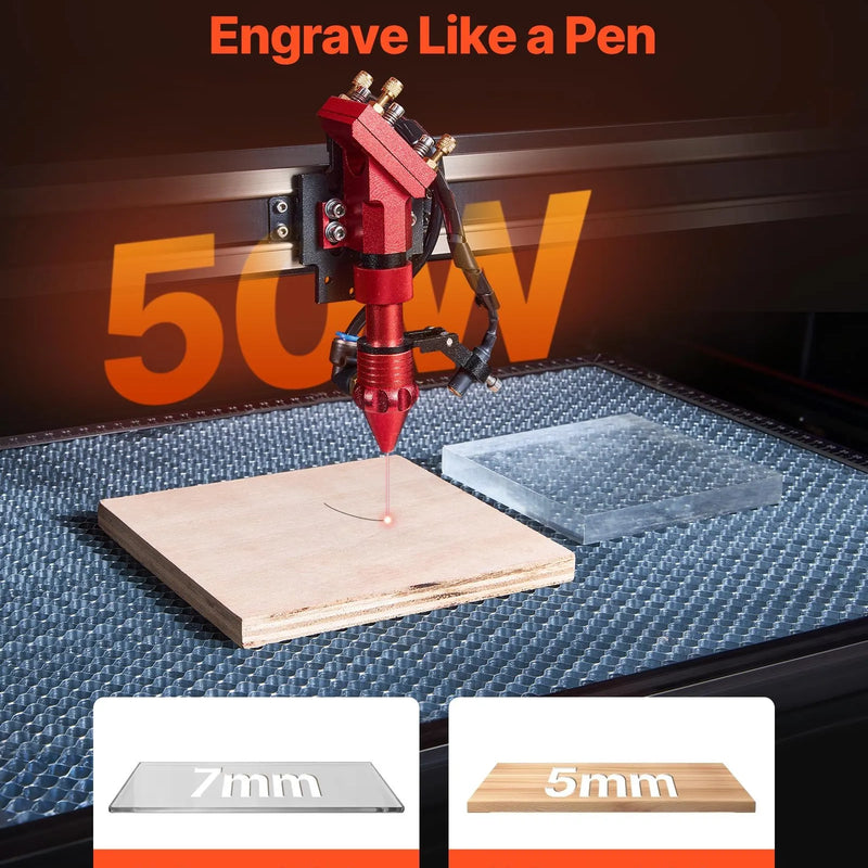 VEVOR 50 W CO₂ lāzera gravēšanas un griešanas iekārta, darba laukums 500 × 300 mm, ar 4 virzienu gaisa asistenci, savietojama ar LightBurn, CorelDRAW un RDWorks, piemērota kokam, akrilam un stiklam