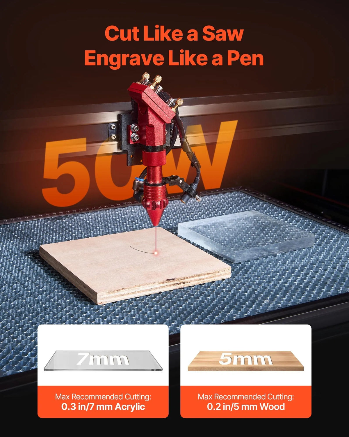 VEVOR 50 W CO₂ lāzera gravēšanas un griešanas iekārta 500 × 300 mm ar 4 virzienu gaisa padevi, LightBurn, CorelDRAW, RDWorks