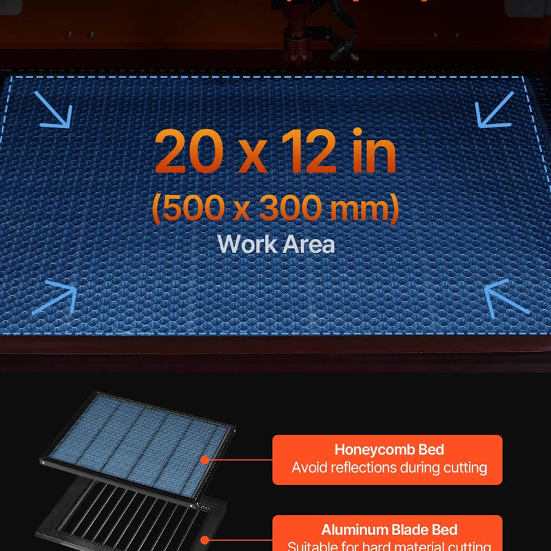 VEVOR 50 W CO₂ lāzera gravēšanas un griešanas iekārta, darba laukums 500 × 300 mm, ar 4 virzienu gaisa asistenci, savietojama ar LightBurn, CorelDRAW un RDWorks, piemērota kokam, akrilam un stiklam
