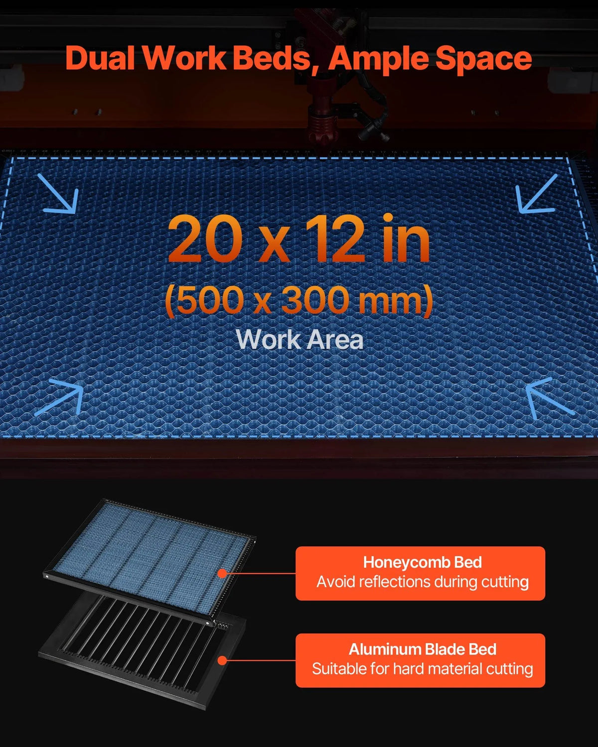 VEVOR 50 W CO₂ lāzera gravēšanas un griešanas iekārta 500 × 300 mm ar 4 virzienu gaisa padevi, LightBurn, CorelDRAW, RDWorks