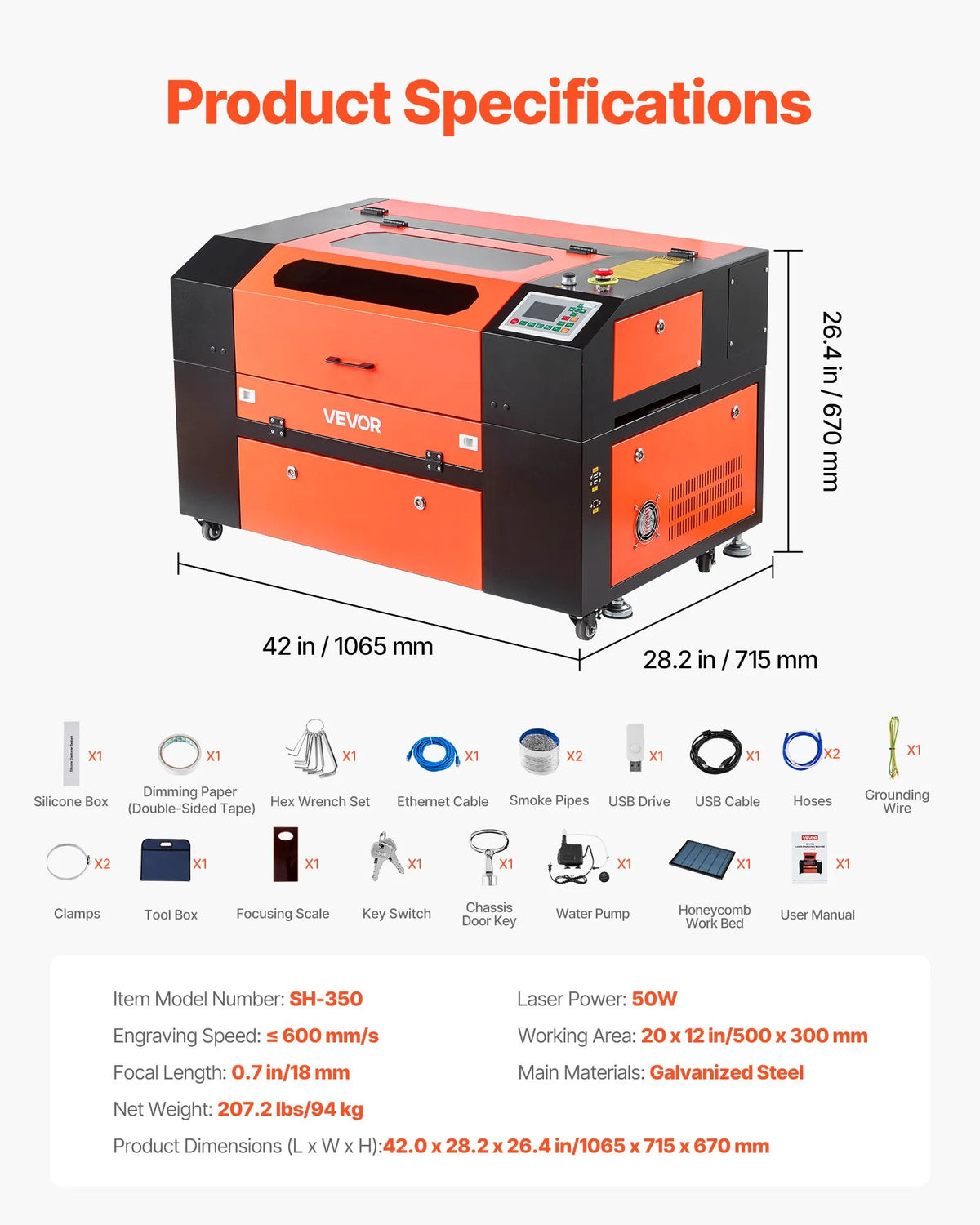 VEVOR 50 W CO₂ lāzera gravēšanas un griešanas iekārta 500 × 300 mm ar 4 virzienu gaisa padevi, LightBurn, CorelDRAW, RDWorks