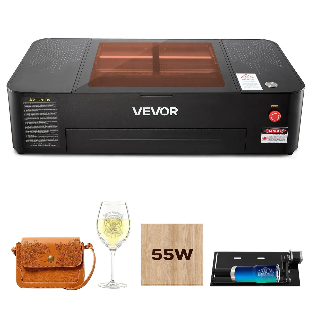 VEVOR 55 W galda CO₂ lāzera gravēšanas un griešanas iekārta 500 × 300 mm ar 16 MP kameru, ūdens sūkni un rotācijas asi, LightBurn, CorelDRAW, RDWorks