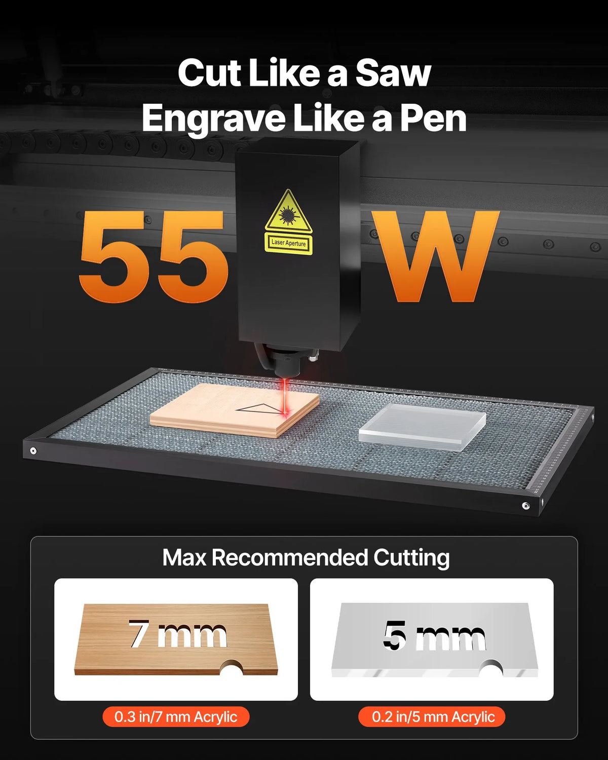 VEVOR 55 W galda CO₂ lāzera gravēšanas un griešanas iekārta 500 × 300 mm ar 16 MP kameru, ūdens sūkni un rotācijas asi, LightBurn, CorelDRAW, RDWorks
