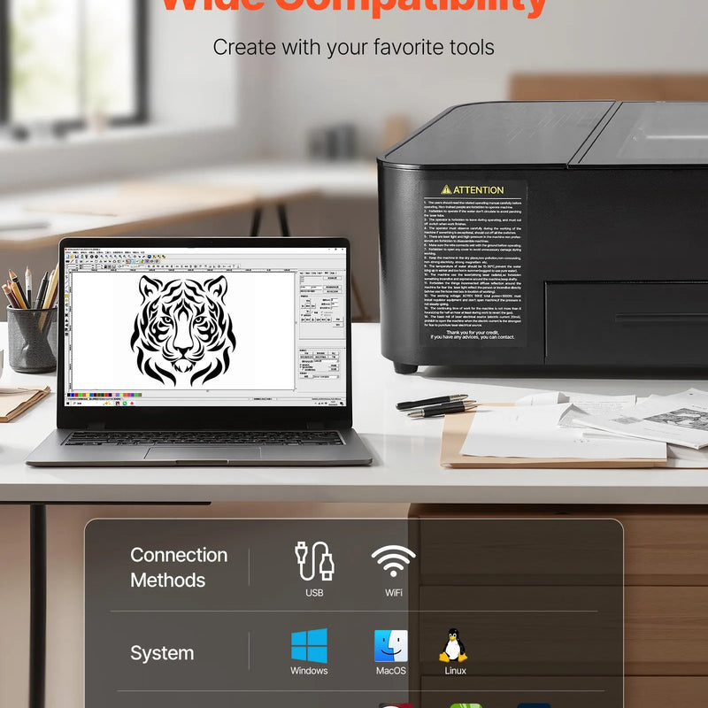 VEVOR 55 W CO₂ lāzera gravieris, 500 × 300 mm, galda tipa CO₂ lāzera gravēšanas un griešanas iekārta ar 16 MP kameru, ūdens sūkni un rotācijas asi, saderīga ar LightBurn, CorelDRAW un RDWorks, koksnei, akrilam un stiklam