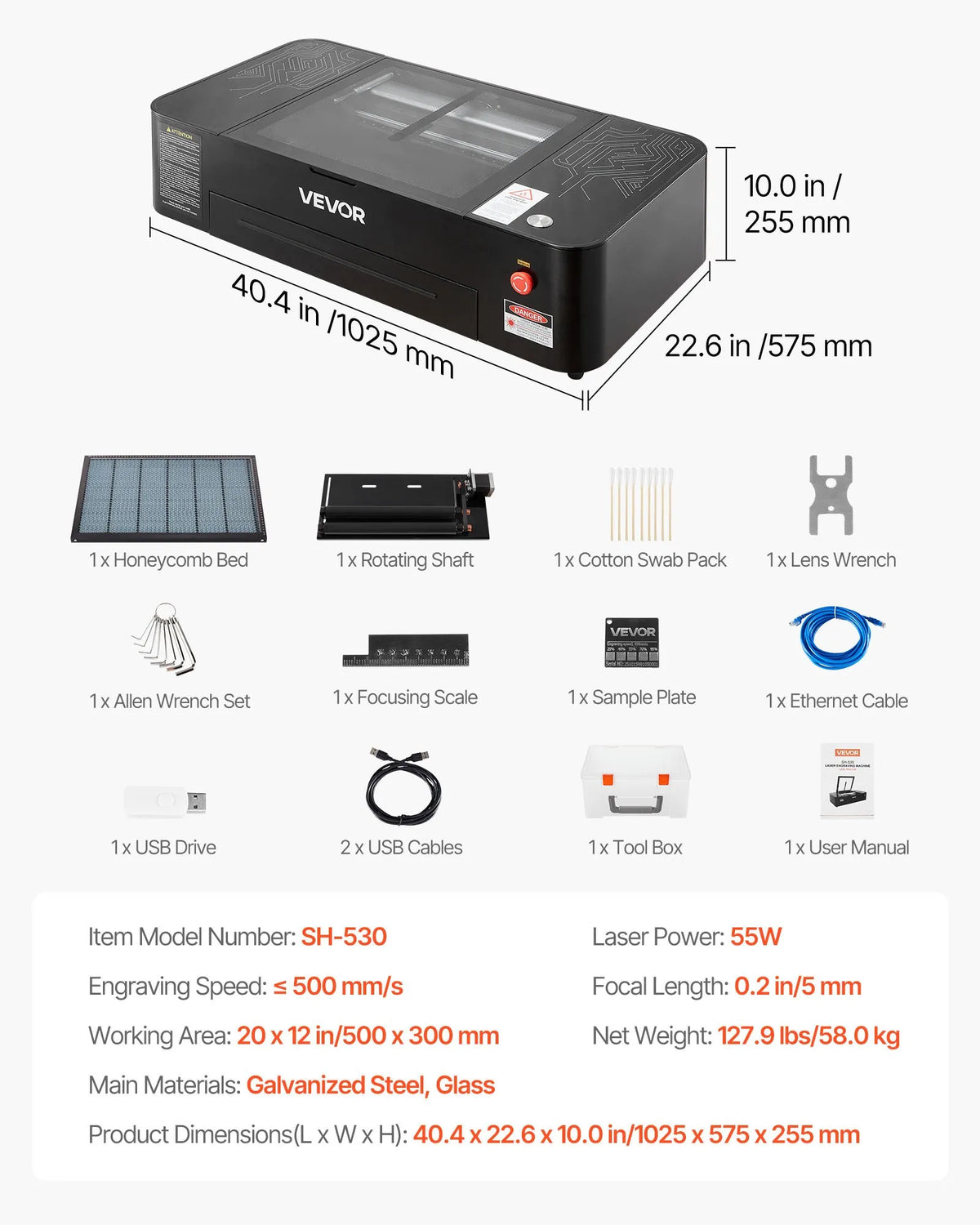 VEVOR 55 W galda CO₂ lāzera gravēšanas un griešanas iekārta 500 × 300 mm ar 16 MP kameru, ūdens sūkni un rotācijas asi, LightBurn, CorelDRAW, RDWorks