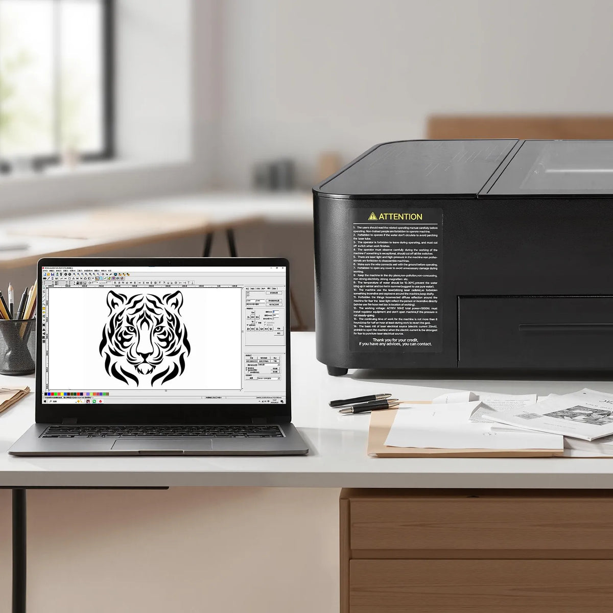 VEVOR 55 W galda CO₂ lāzera gravēšanas un griešanas iekārta 500 × 300 mm ar 16 MP kameru, ūdens sūkni un rotācijas asi, LightBurn, CorelDRAW, RDWorks