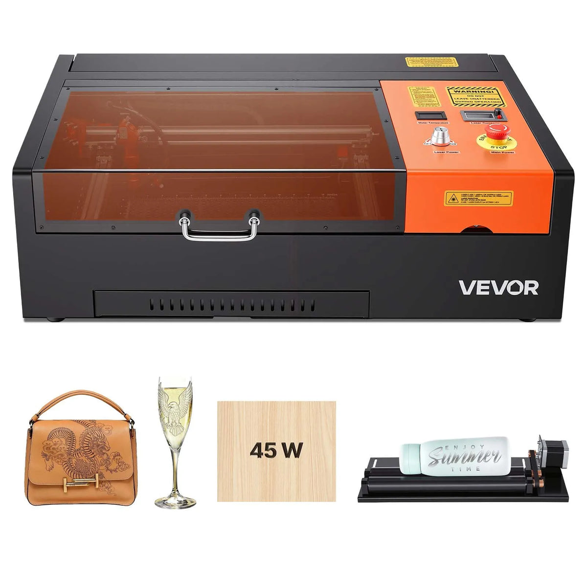 VEVOR 45 W Desktop CO₂ Laser Engraving and Cutting Machine 300 × 200 mm with Rotary Axis and Air Assist, LightBurn, CorelDRAW, GRBL