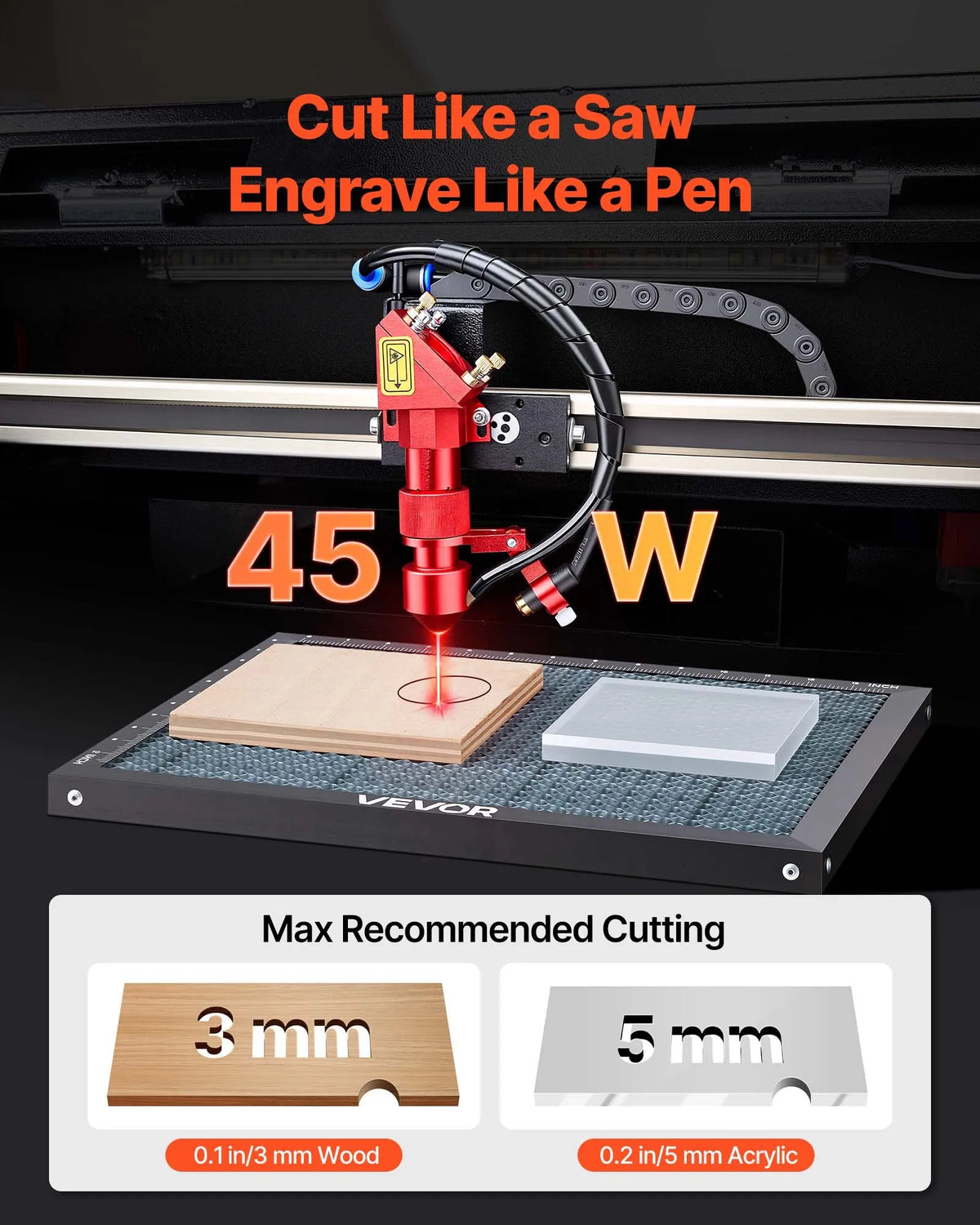 VEVOR 45 W Desktop CO₂ Laser Engraving and Cutting Machine 300 × 200 mm with Rotary Axis and Air Assist, LightBurn, CorelDRAW, GRBL